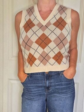 Argyle Sweater Vest Cream Brown Preppy Knit V Neck Sleeveless Size M